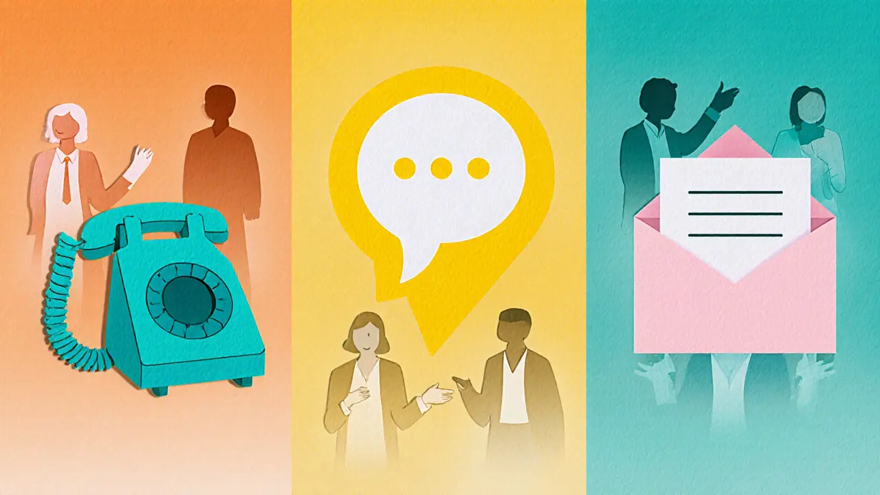 Koláž tří kanálů (telefon, chat, e‑mail) s anonymními konzultanty v papírovém stylu.