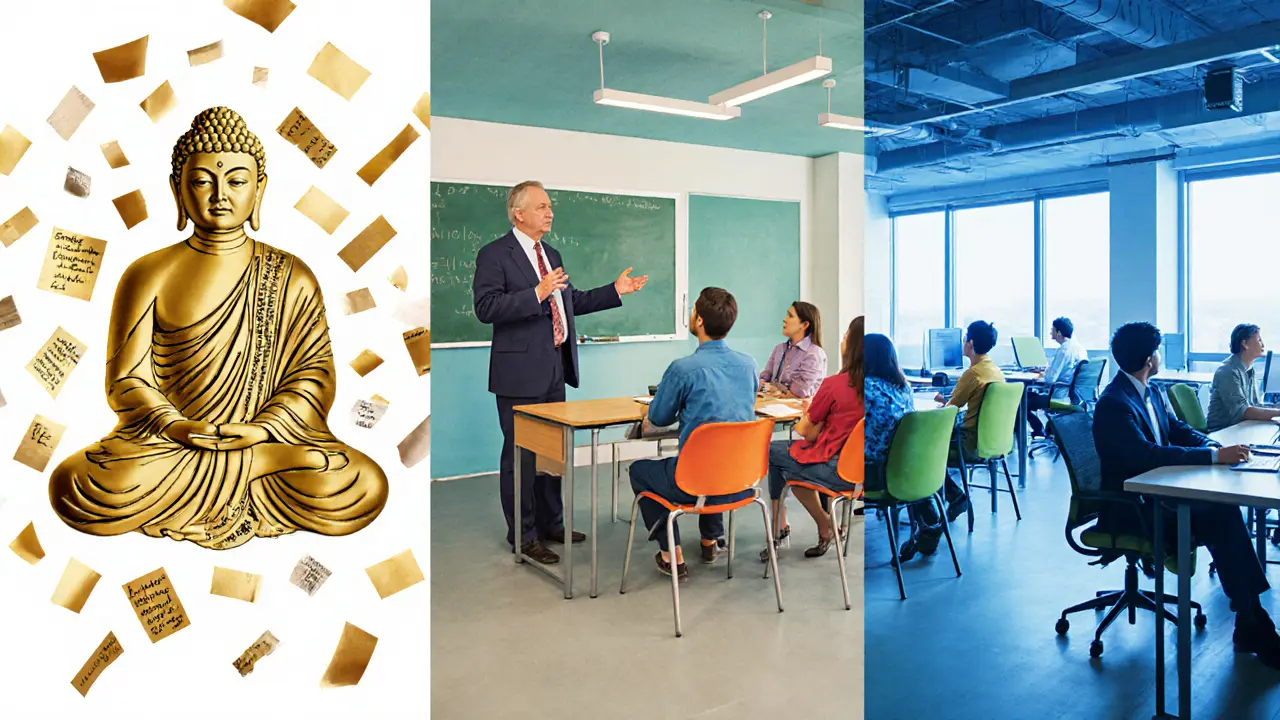 Koláž ukazující historické kořeny, Kabat‑Zinna a moderní pracovníky v mindfulness.