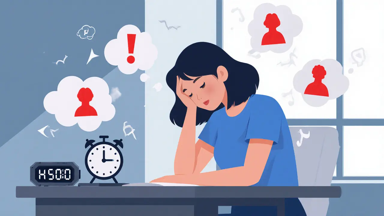 Mladá žena sedí u stolu, obklopena symboly úzkosti a Instagram ikon.