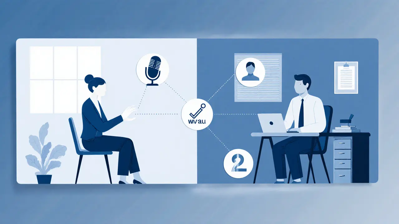 Online terapie: terapeut a klient na rozdělené obrazovce, doplněno ikonami měření aliance.