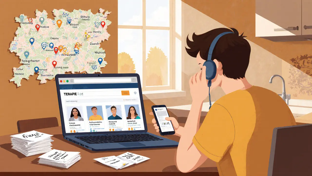 Osoba hledá terapeuta na počítači, telefonuje a kontroluje mapu České republiky v papírovém stylu.