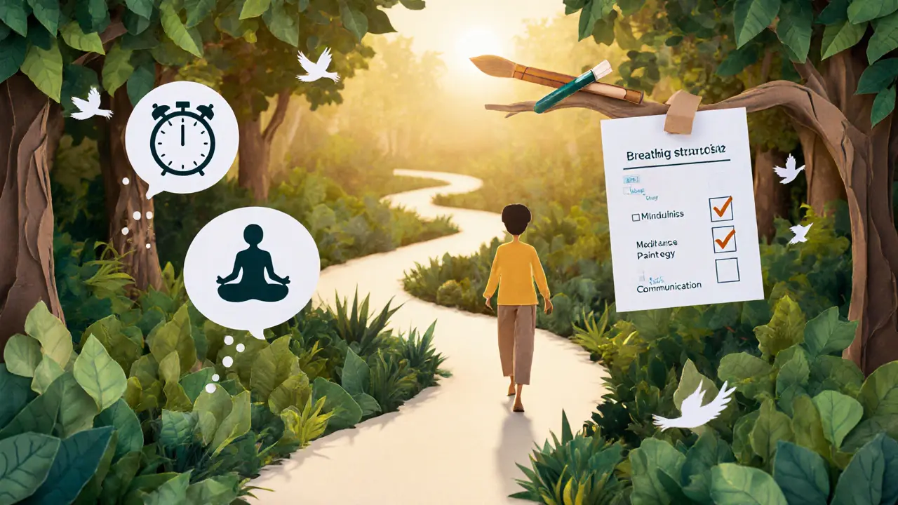 Papírová ilustrace: osoba na procházce v lese, s bublinami představujícími dech, mindfulness a koníček.