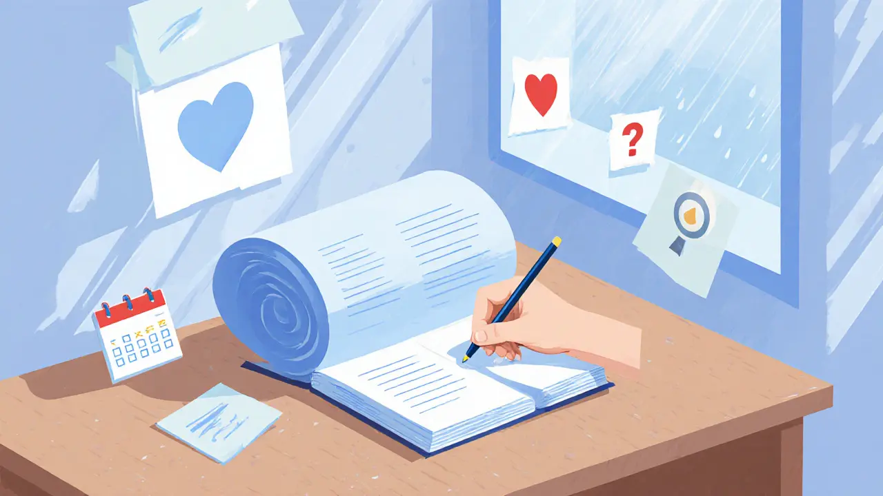 Papírová ilustrace: osoba zapisuje reflexi u stolu s ikonami čtyř kroků.