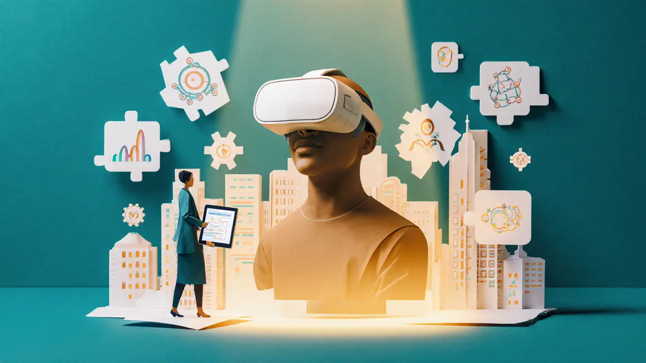 Papírová scéna s VR headsetem, biometrickým monitorem a AI upravujícím terapii.