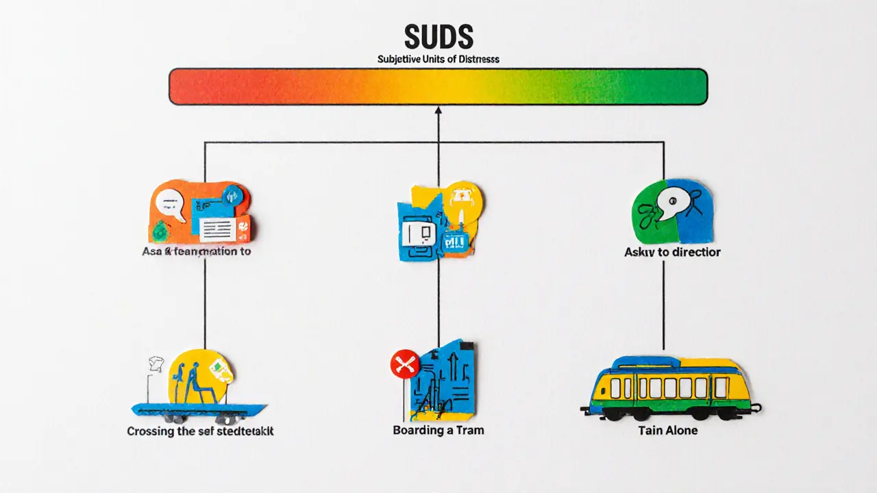 Papírový diagram hierarchie strachu s ukazatelem SUDS a jednotlivými situacemi.