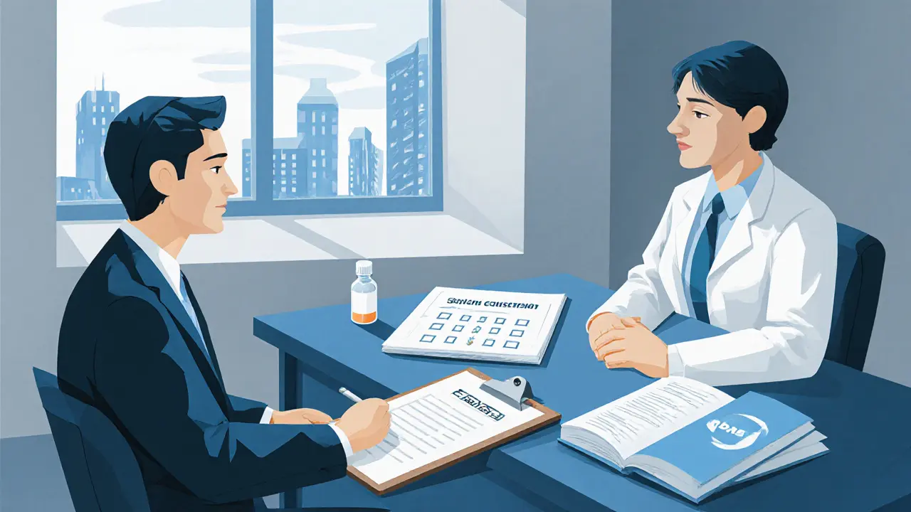 Psychiatr a pacient při rozhovoru, na stole dotazník ASRS a DSM‑5.