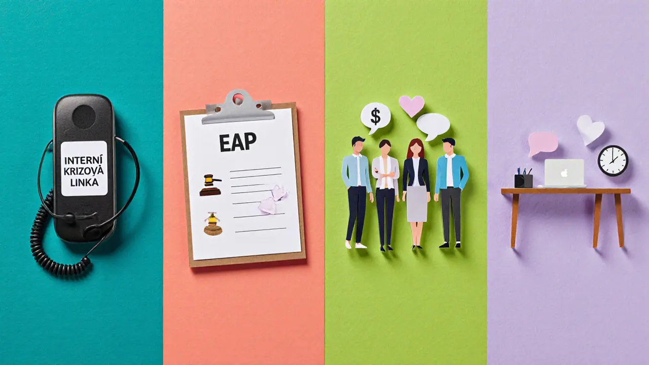 Různé nástroje krizové pomoci: linka, EAP, peer‑support a flexibilní práce.