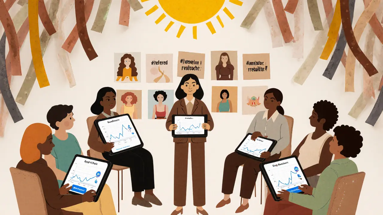 Skupinová workshopy TěloNáš, lidé s tablety a pozitivní Instagram příspěvky.