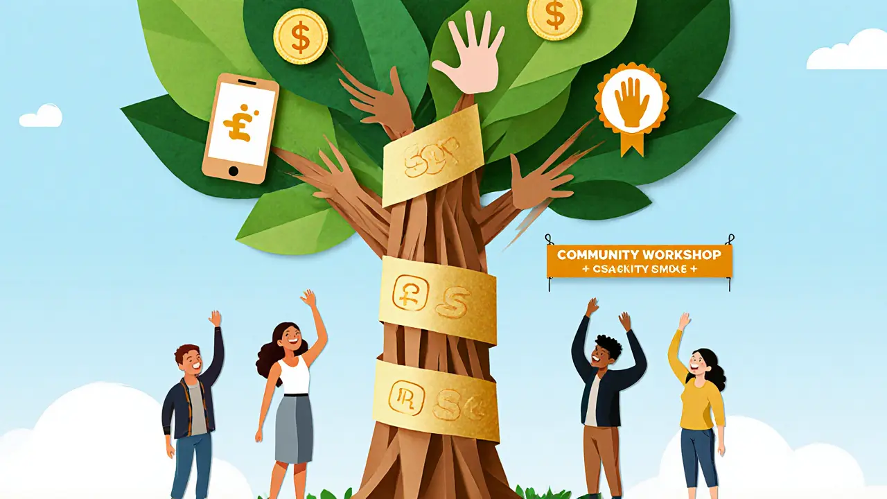 Strom podpory s větvemi představujícími aplikaci, dobrovolníky a financování.