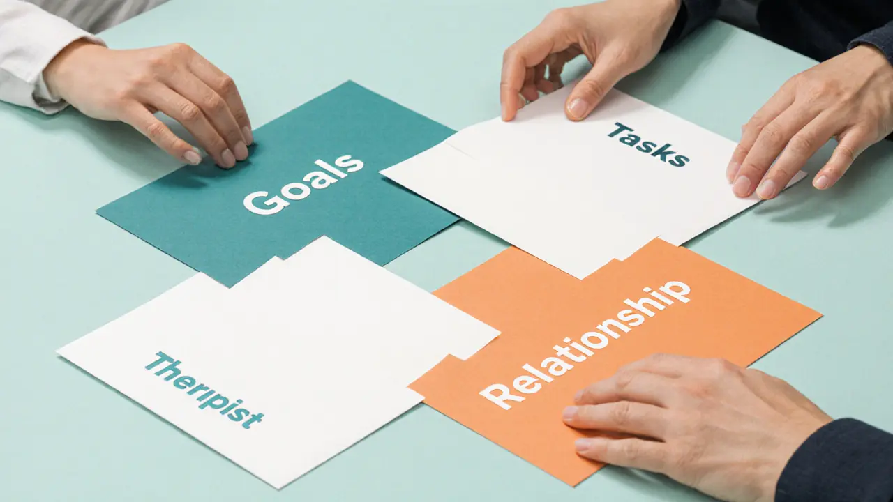 Terapeut a klient spojují tři papírové listy představující cíle, úkoly a vztah.