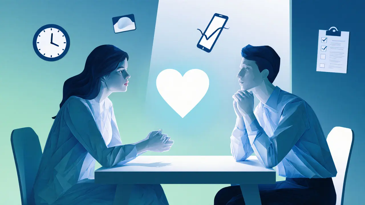 Terapeut a klient v důvěrném rozhovoru, symboly empatie a hranic v řezané papírové ilustraci.