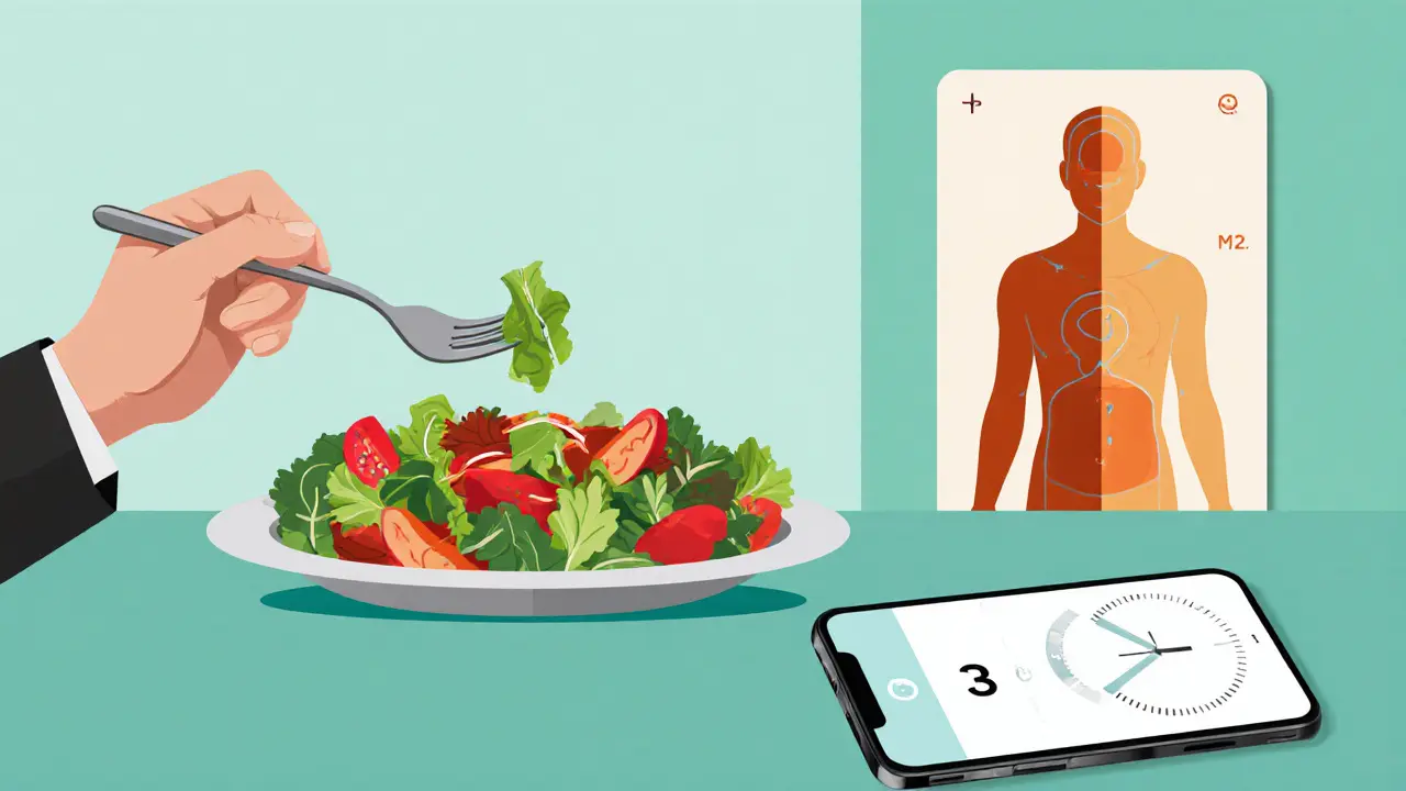 Všímavé jídlo, tělesný sken a krátká pauza jako papírová ilustrace.