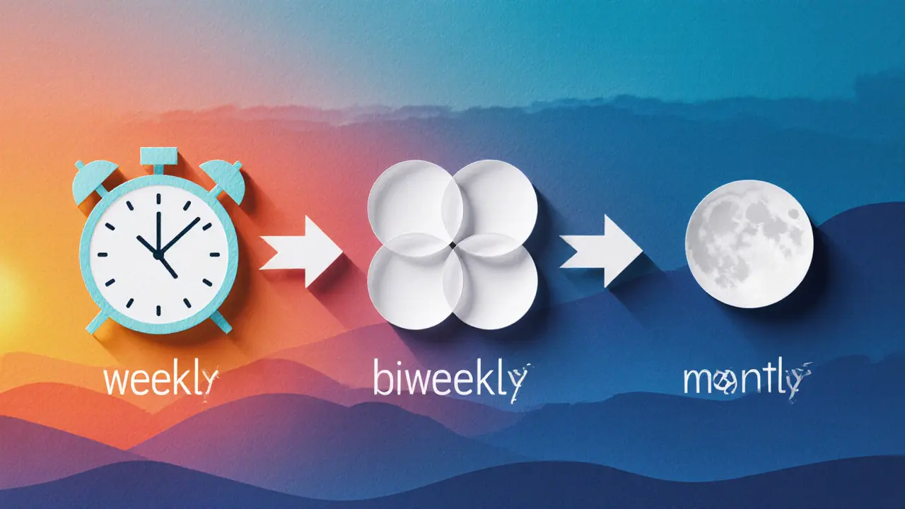 Časová osa ukazuje přechod z týdenních přes dvoutýdenní k měsíčním sezením.