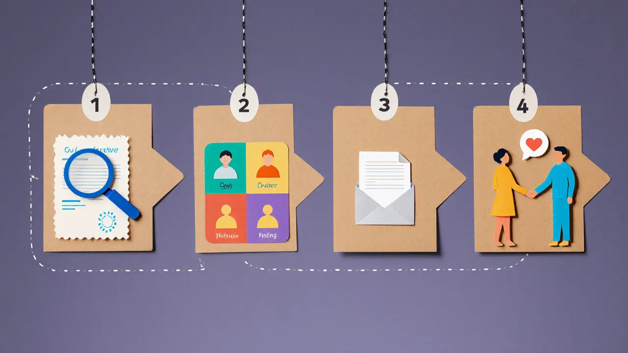 Čtyři papírové karty znázorňují kroky: ověření certifikátu, výběr specializace, dotazník, první setkání.