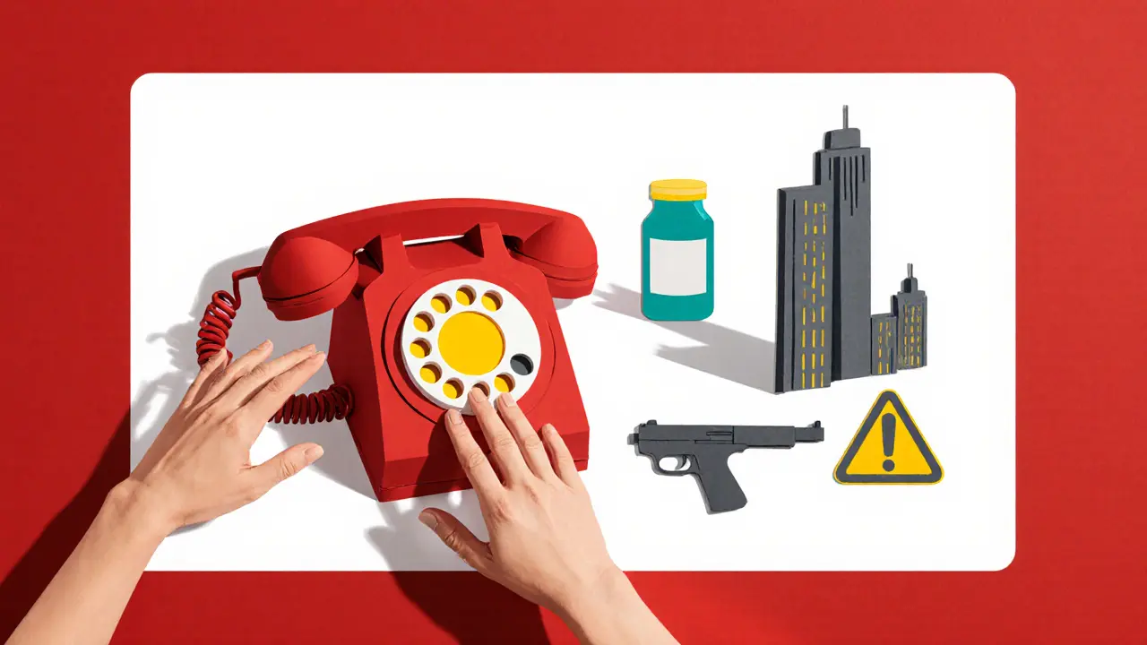 Dvě ruky sahají po červeném papírovém telefonu s rozptýlenými ikonami varování.