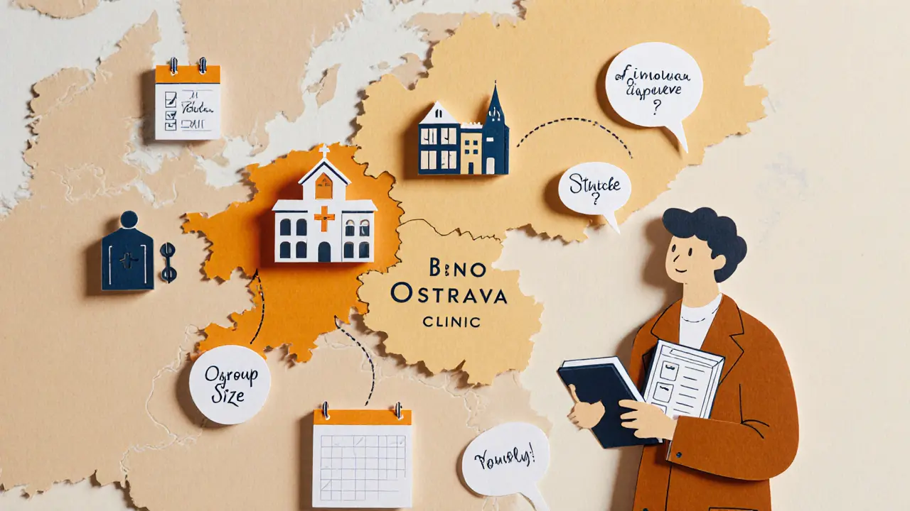 Mapa ČR s ikonami klinik v Brně, Ostravě a Praze, osoba s deníkem a kontrolním seznamem uvažuje o výběru programu.