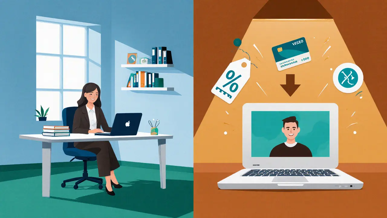 Optimistický výhled na budoucnost terapie: teleterapie, slevy a pojištění v řezané papírové ilustraci.