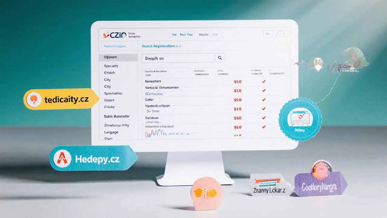 Papírový monitor ukazuje filtr CZAP a ikony terapie.cz, Hedepy.cz s cenovkami.