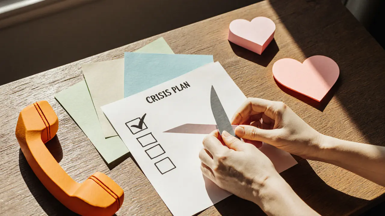 Papírový plán krizové pomoci na stole s kontrolním seznamem, telefonem a zabezpečeným nožem.