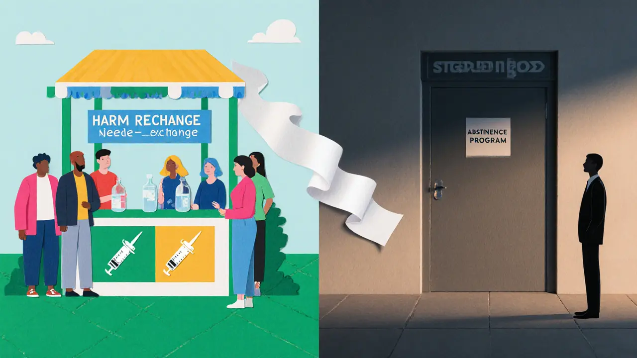Rozdělená scéna: lidé u výměny jehel vs. osobní úzkost před abstinenčním programem.