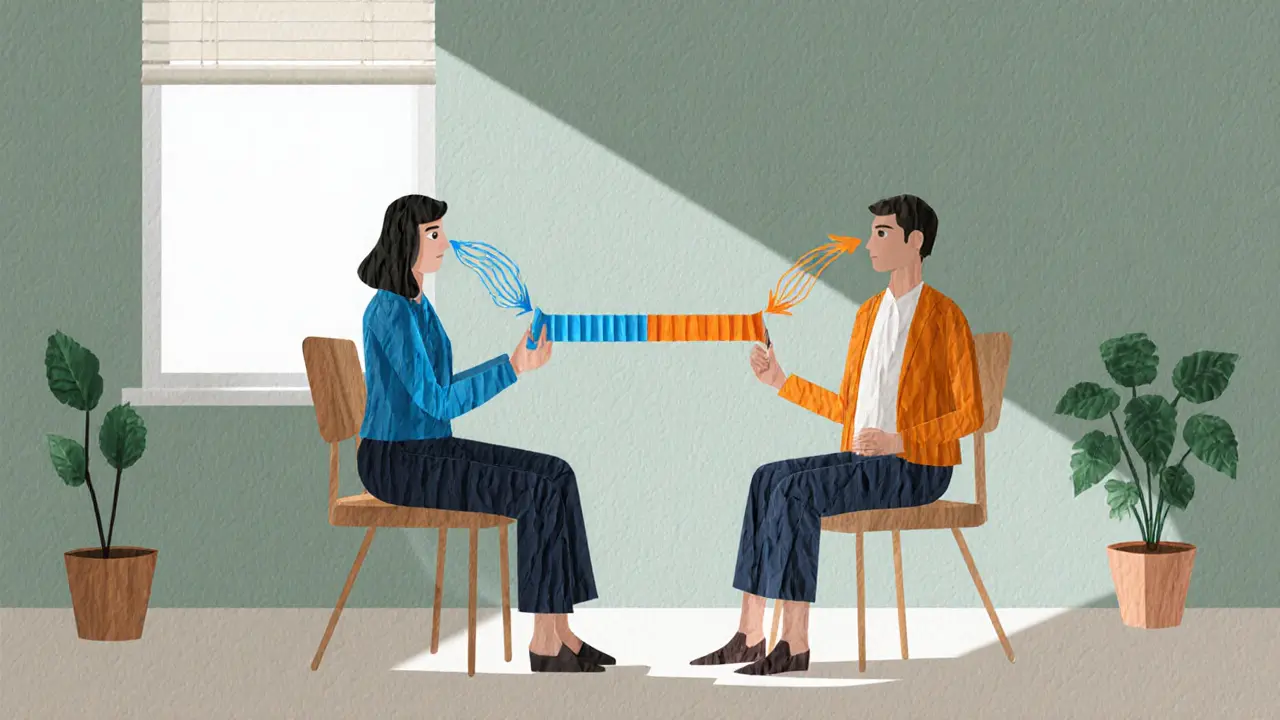 Scéna EMDR terapie, terapeut a klient sledují bilaterální stimulaci, v řezané papírové stylu.