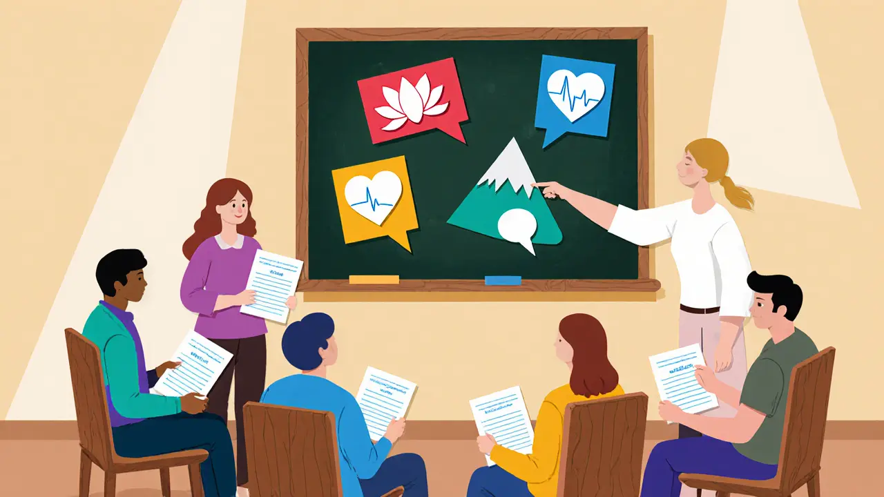 Skupinová terapie DBT: lidé v kruhu, učební tabule s čtyřmi moduly a terapeut, který ukazuje na papírové výukové materiály.