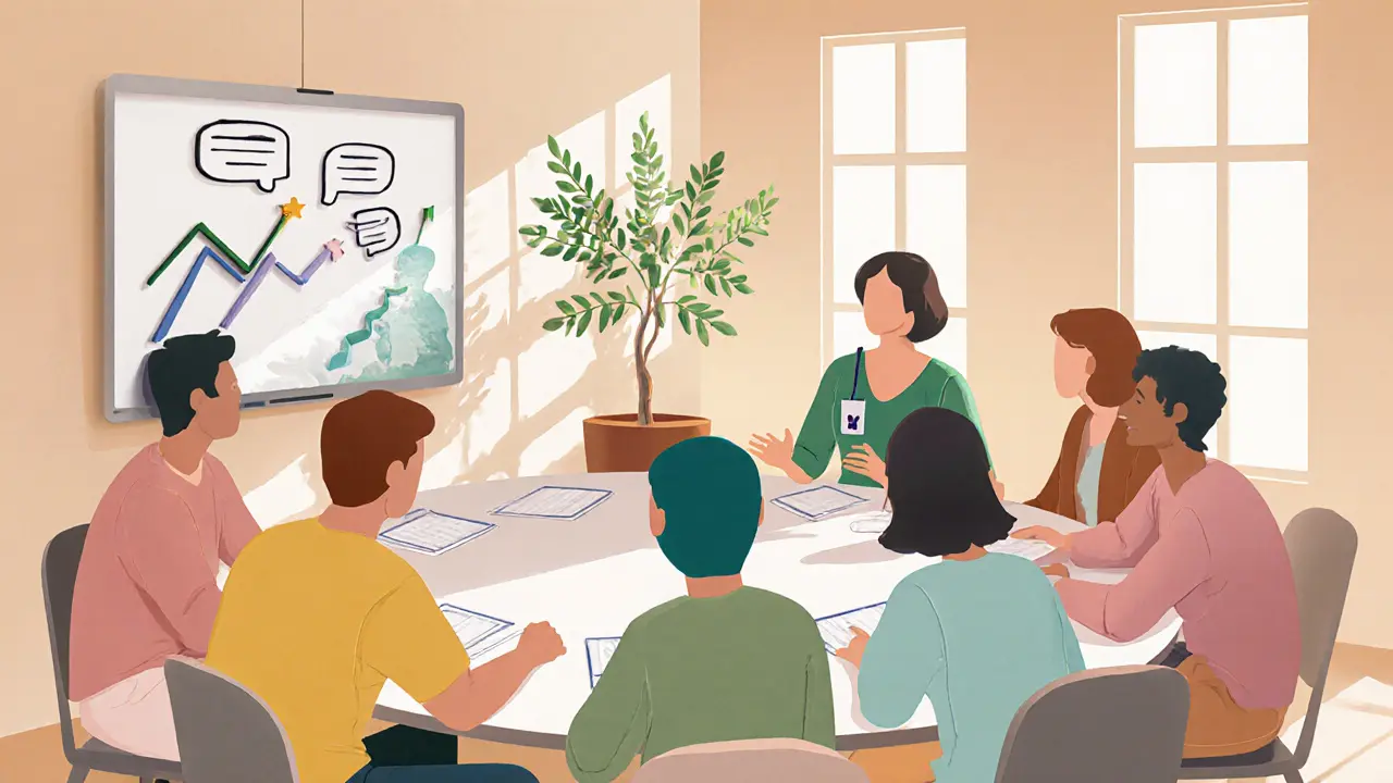 Skupinová workshopová scéna s dospělými s Aspergerovým syndromem a růstovou rostlinou jako symbolem pokroku.