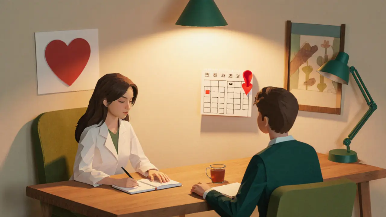 Terapeut a klient v útulné kanceláři, kalendář zvýrazňuje týdenní sezení.