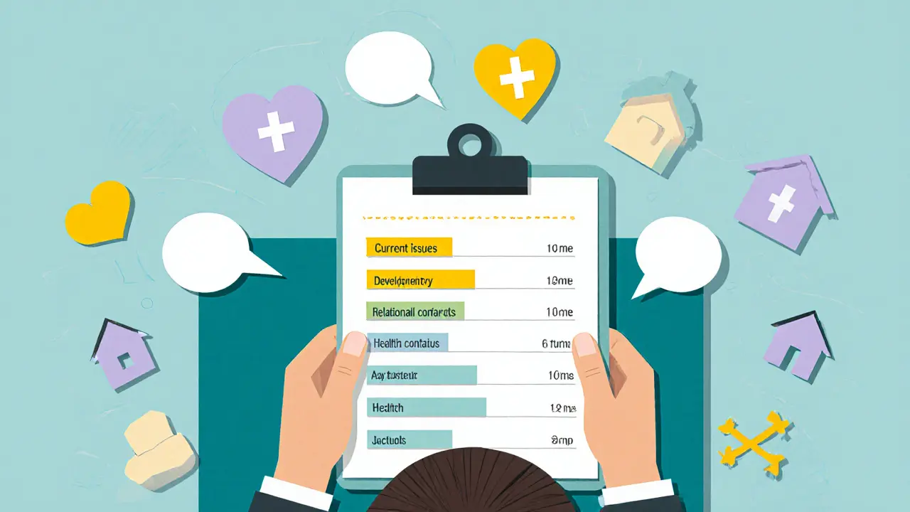 Terapeut s papírovým seznamem pěti částí anamnézy a ikonami témat.