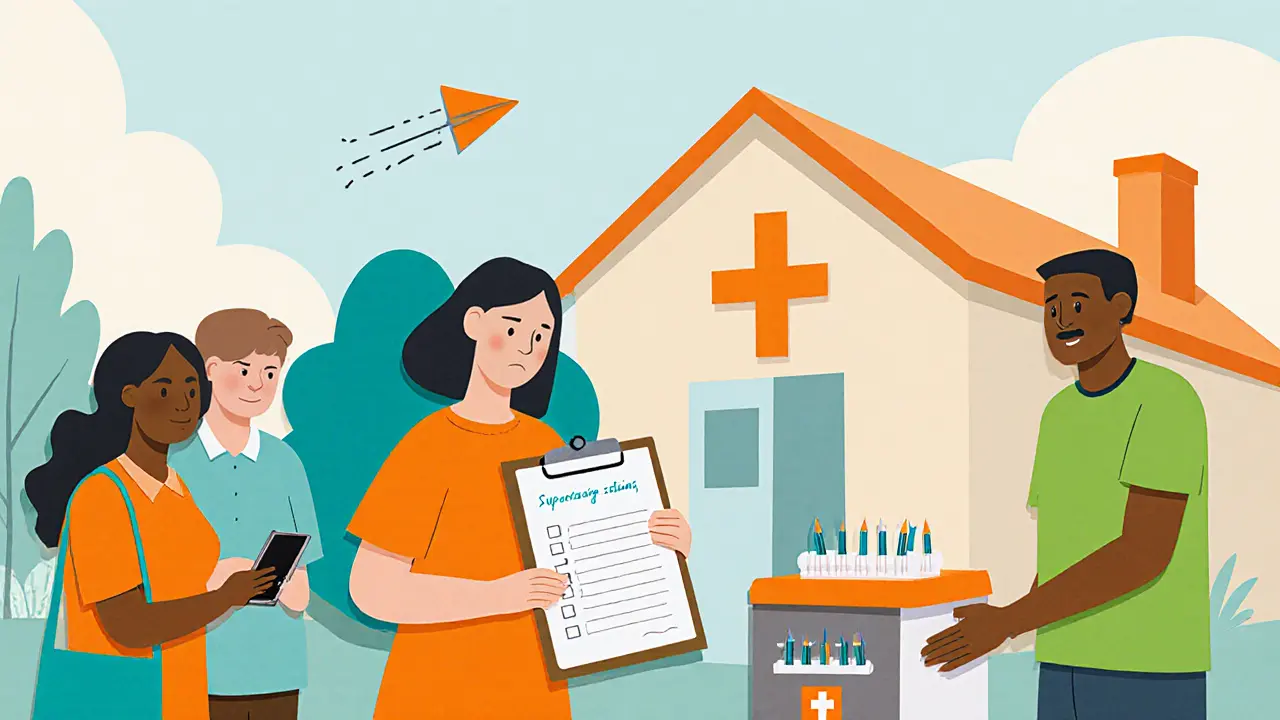 Terapeut s poznámkami, rodina, výměna jehel a mobilní aplikace v komunitě.