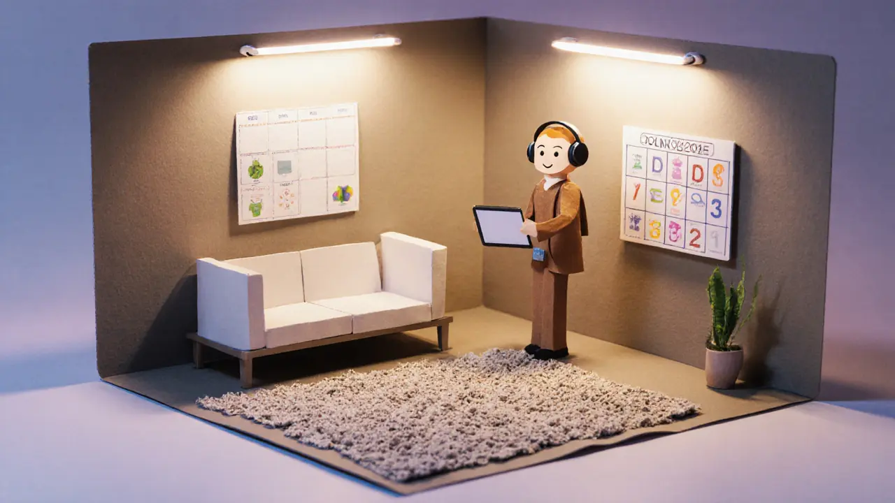 Terapeutická místnost s tlumeným osvětlením, sluchátky a vizuálním plánem v papírovém vyobrazení.