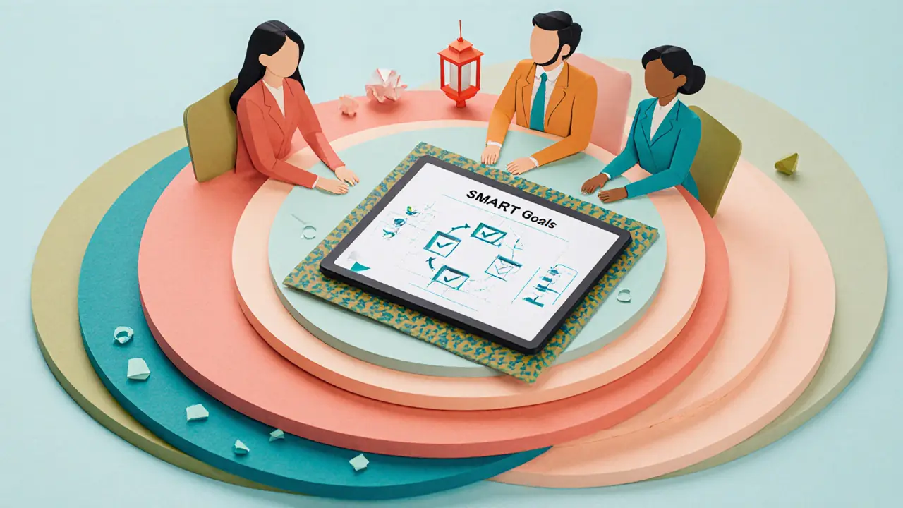 Triáda odborníků u kulatého stolu s SMART cílem a digitálním dotazníkem.