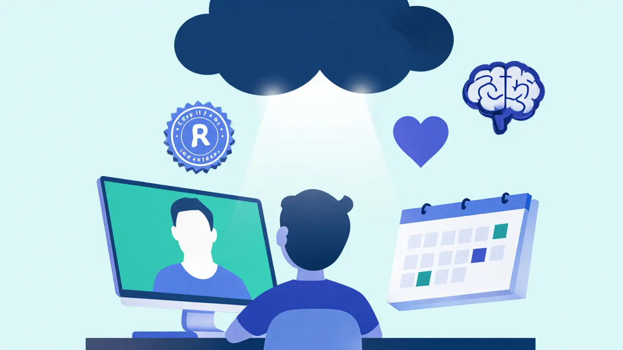 Osoba na video hovoru s terapeutem, obklopena symboly výběru terapeuta a úlevy.