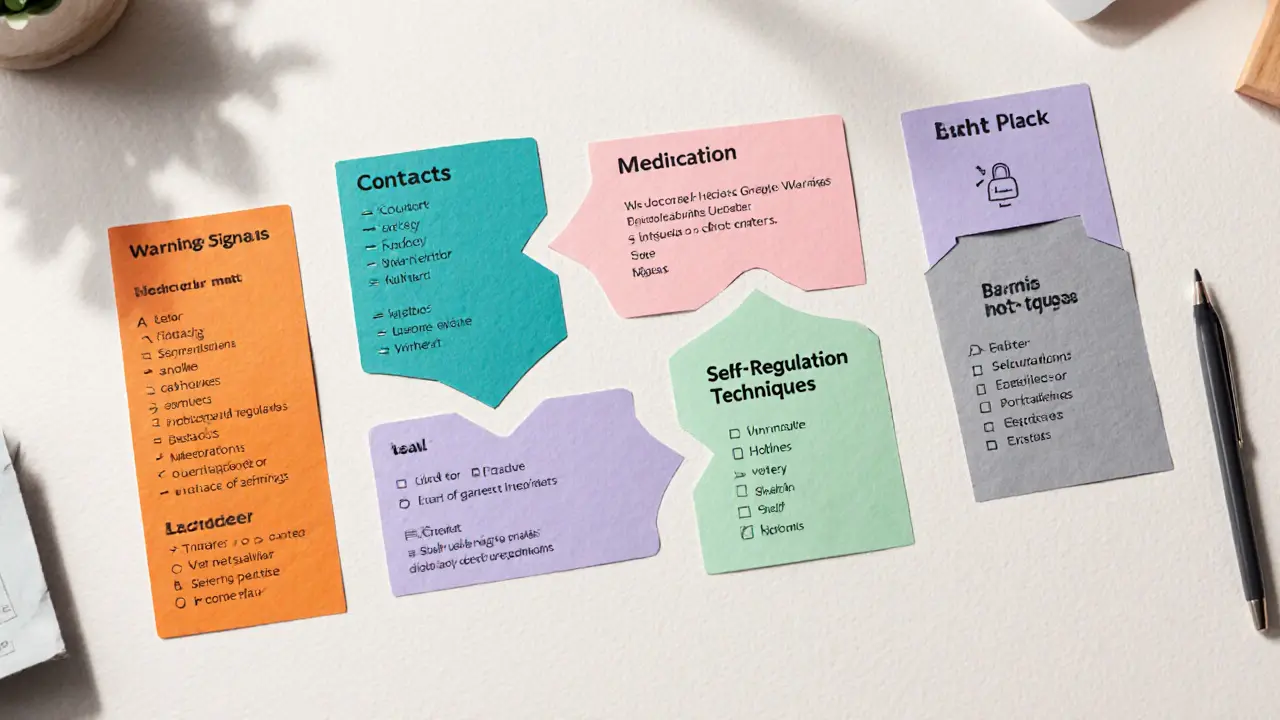 Rozložený krizový plán v podobě papírových dílků: výstražné signály, kontakty, léky, techniky, bezpečné místo.