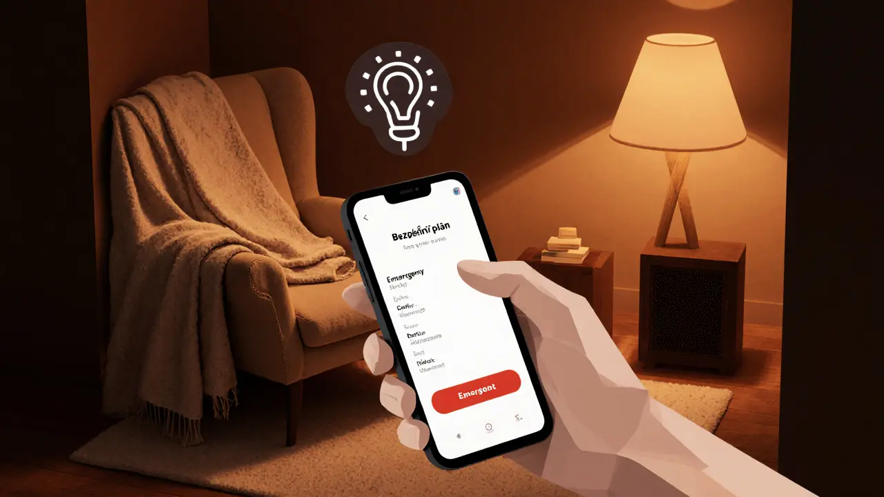 Uživatel aktivuje aplikaci Bezpečný plán na telefonu, zatímco odpočívá v klidném pokoji.