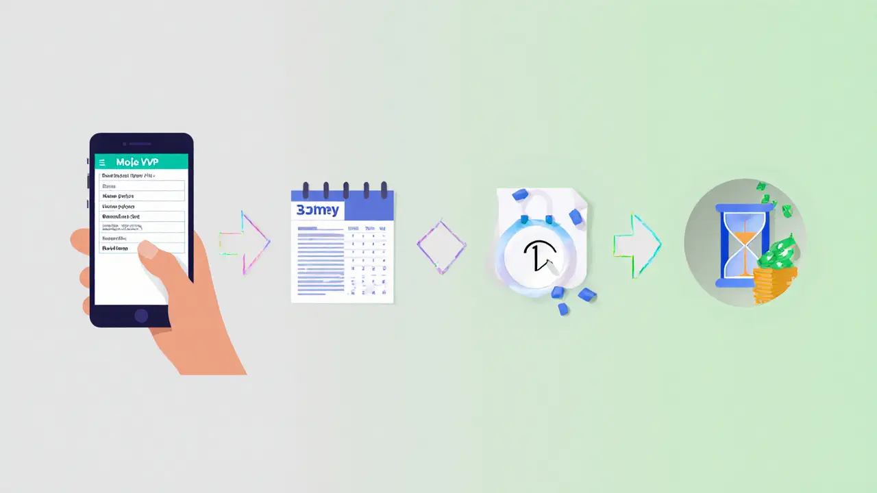 Papírová scéna ukazující kroky žádosti o příspěvek: aplikace, formuláře, čekání a převod peněz.