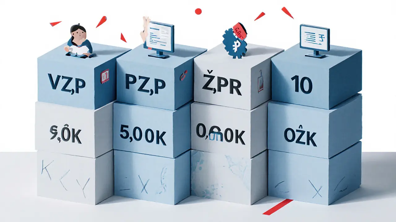 Rozdělená papírová kompozice čtyř pojišťoven s částkami a počtem sezení.