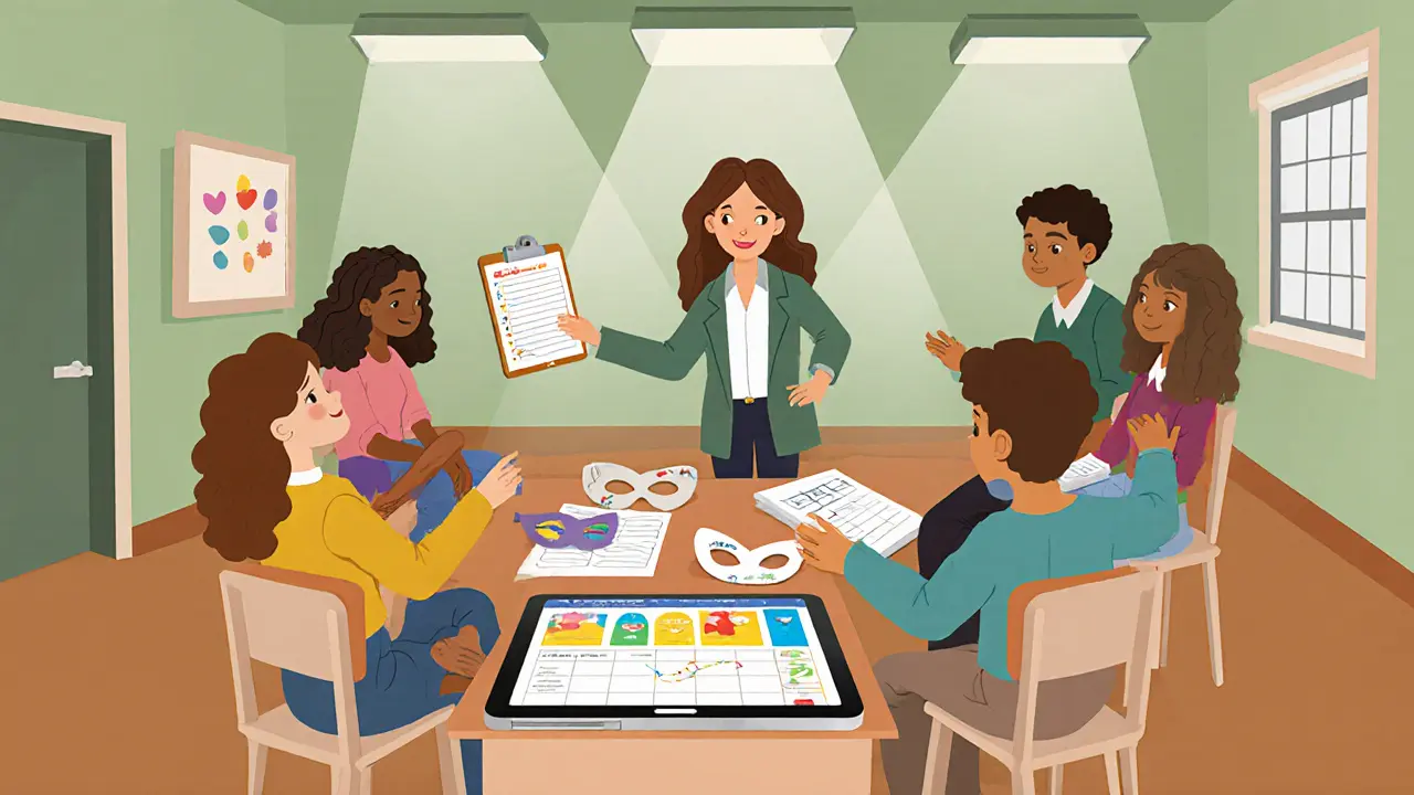 Skupinová terapie s psychologem, maskami a aplikací na monitorování nálady ve výřezu místnosti.