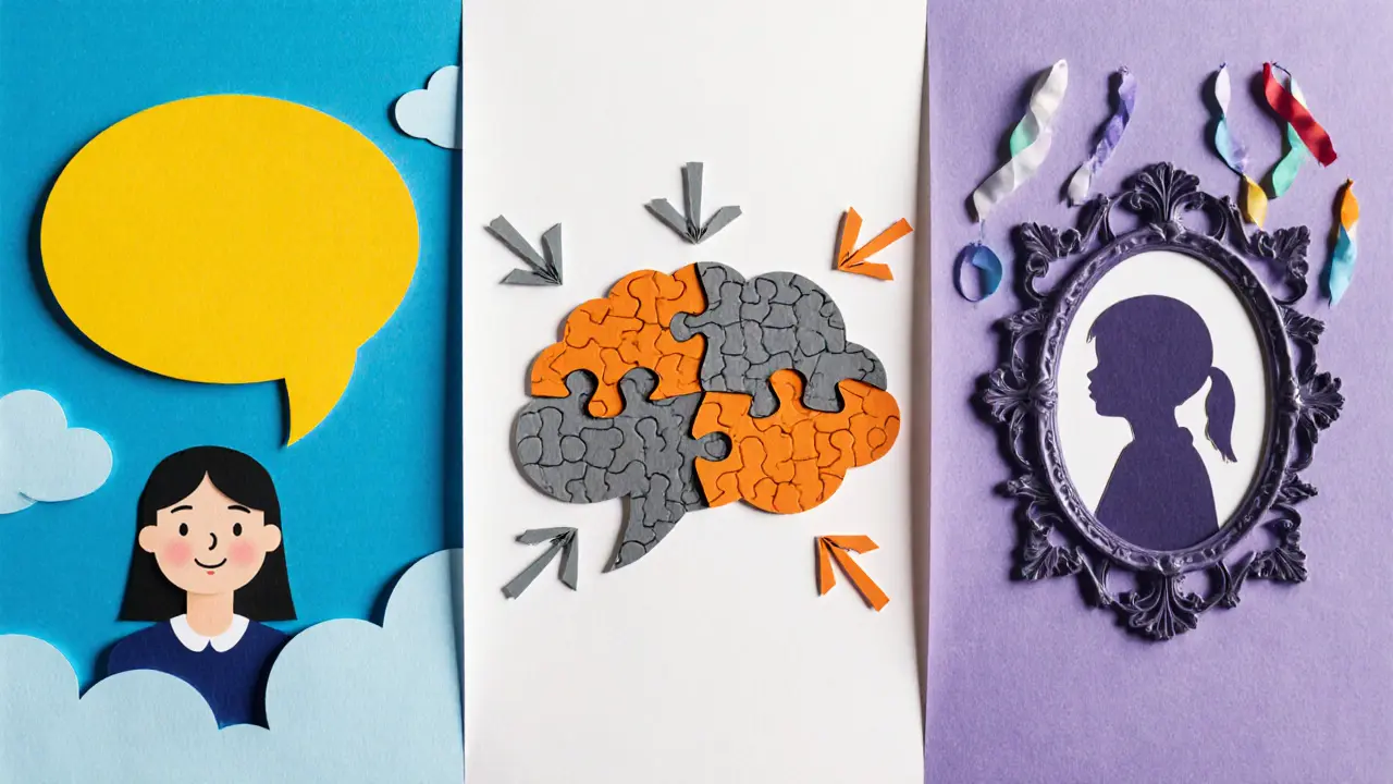 Tři panely ukazují klient‑centrickou terapii, KBT a psychodynamiku.