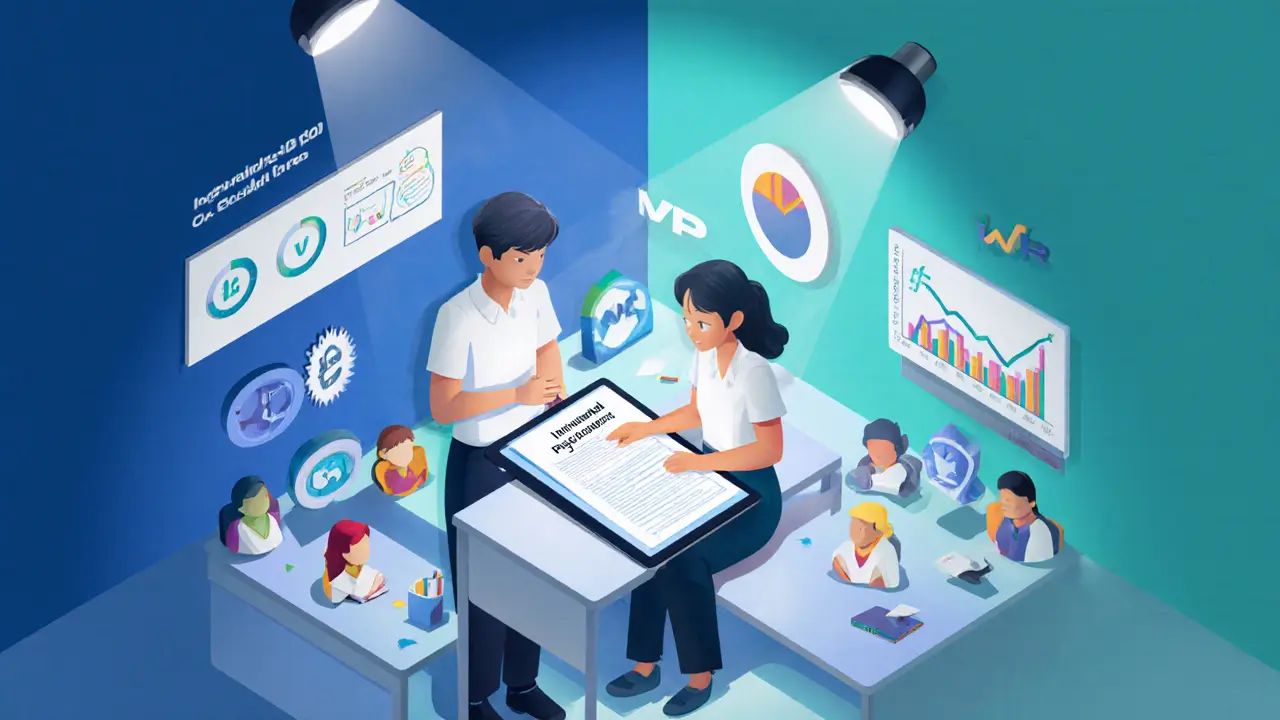 Žák a školní psycholog prohlížejí digitální IVP na tabletu mezi papírovými ikonami podpory.