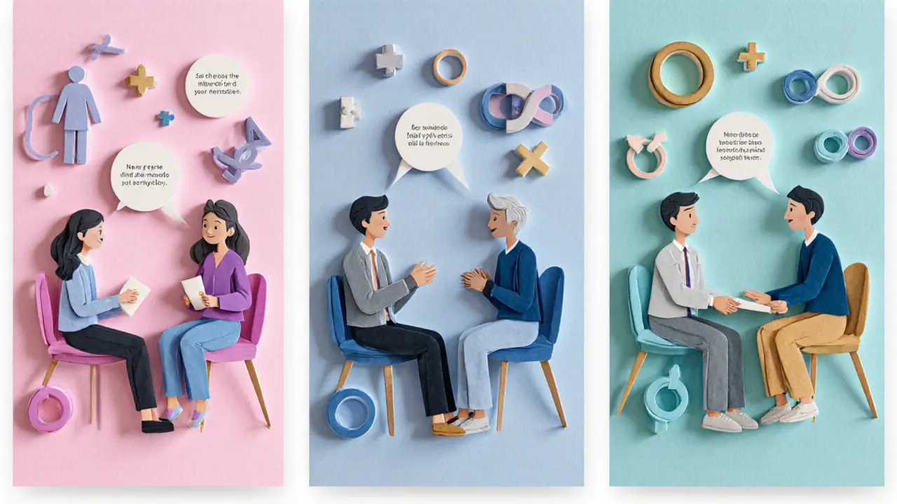 Koláž: žena s ženskou terapeutkou, muž s mužským terapeutem, transgender osoba s kompetentním terapeutem.