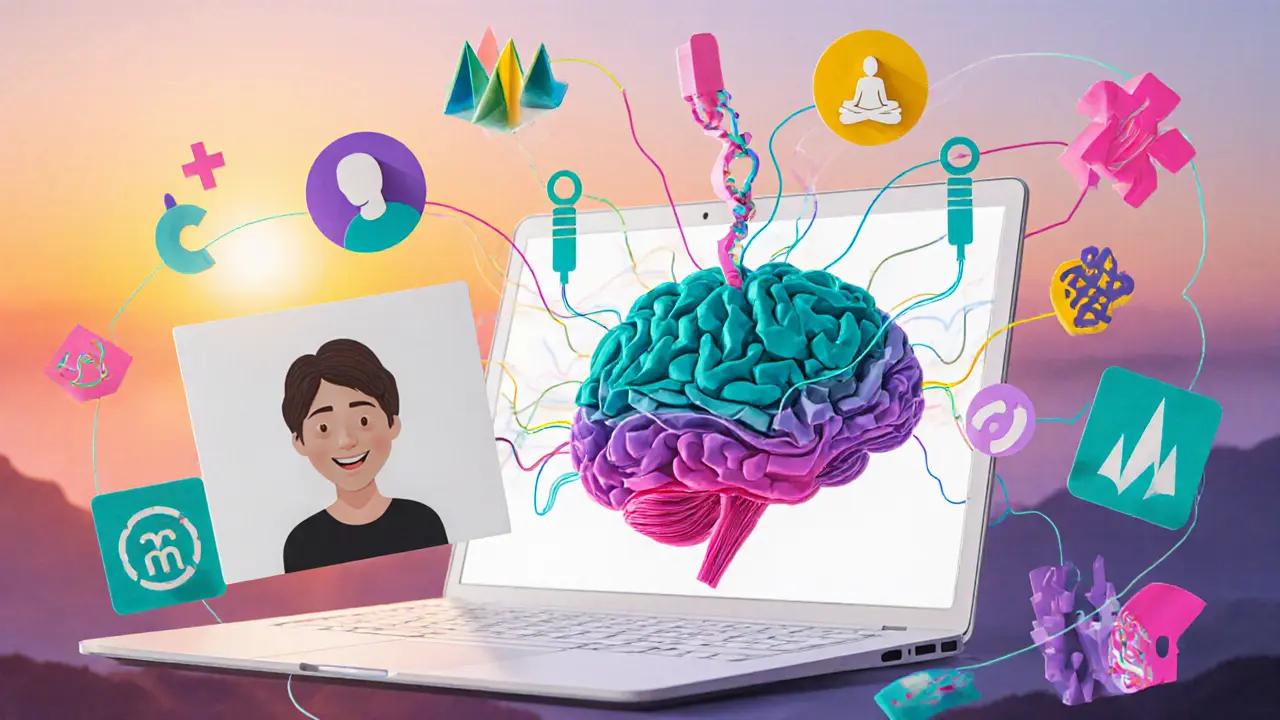 Online terapie a neurofeedback zobrazené jako rozstříhané papírové elementy.