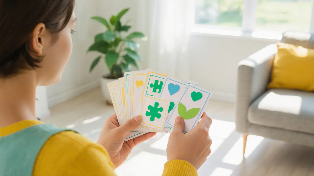 Osoba prohlíží kartičky s ikonami terapeuta v slunné místnosti, připravená vybrat.