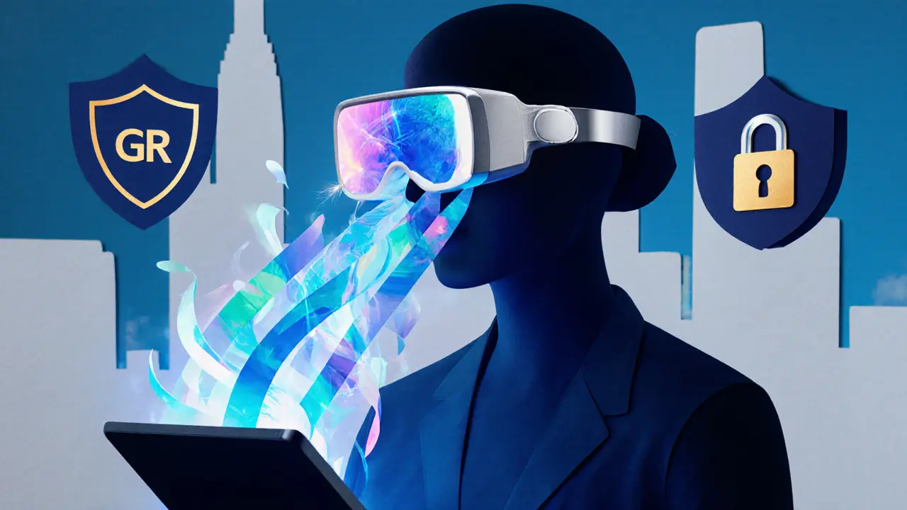 Papírová ilustrace budoucnosti psychoterapie s AI, AR a GDPR ikonami.