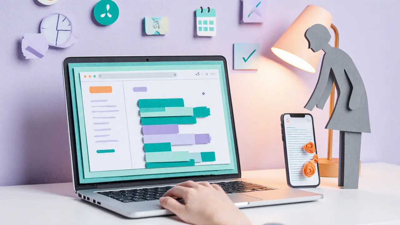 Papírová ilustrace e‑mailové terapie a digitálního deníku na laptopu a telefonu.