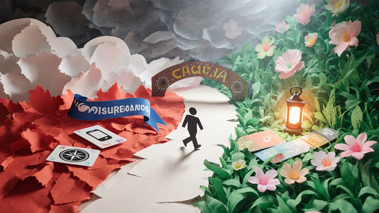 Papírová ilustrace spojující DBT a schema terapii, kde postava přechází z bouře do klidné zahrady.