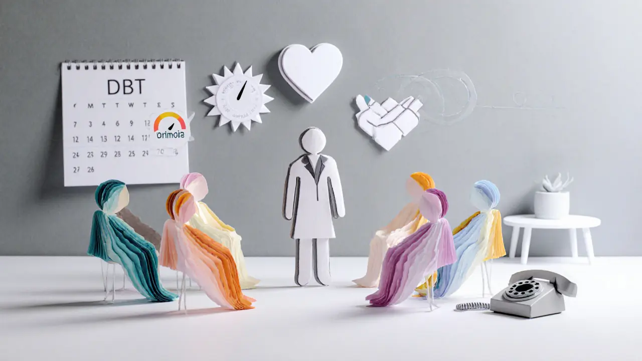 Papírový výřez ukazuje skupinovou DBT lekci, terapeuta, jednotlivé sezení a telefonní podporu.