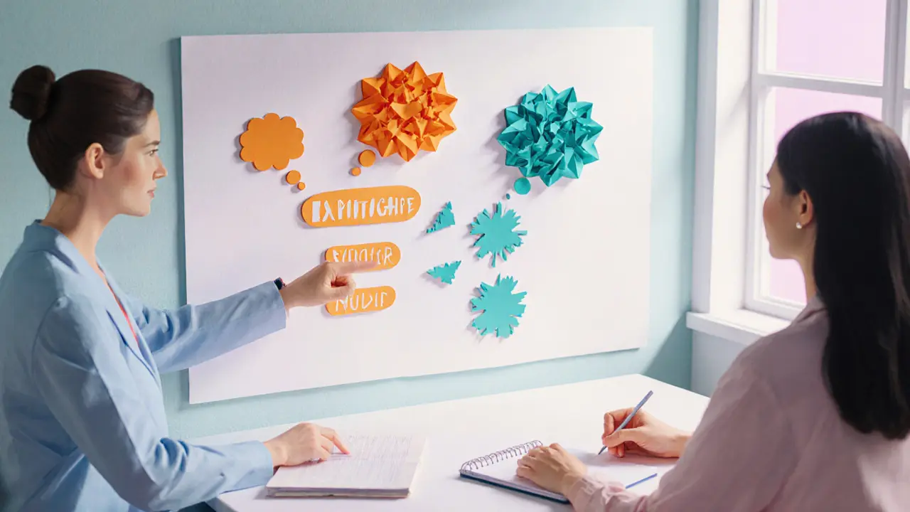 Terapeut a klient během KBT sezení s papírovými myšlenkovými bublinami.