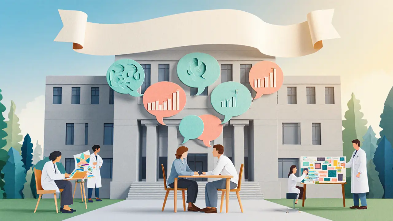 Terapeut, klient a výzkumníci u univerzitní budovy sdílejí zpětnou vazbu a studie.