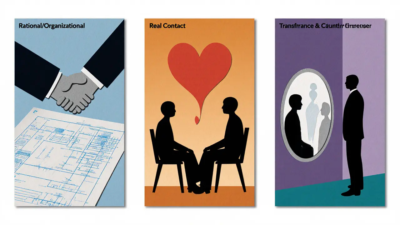 Tři panelové ilustrace ukazují úrovně terapeutického vztahu: formální, emocionální a přenos.